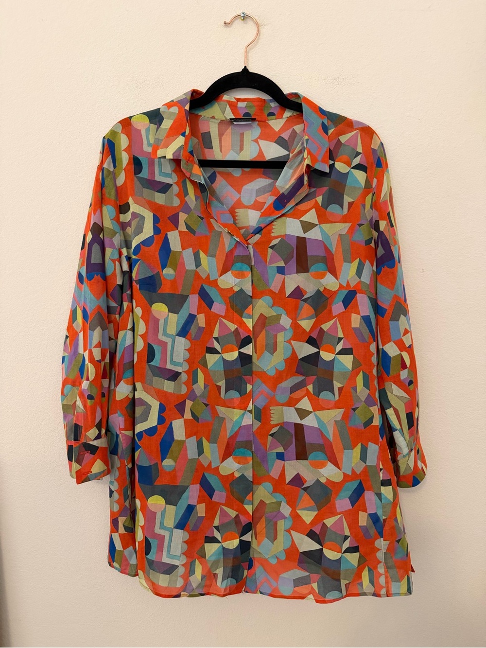 Akris Multicolor Geometric Button Up Blouse Size 14 Artsy Art to Wear Luxury